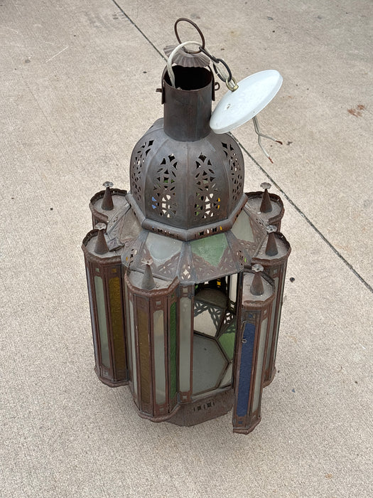 TIN LANTERN WITH GREEN AND BLUE GLASS