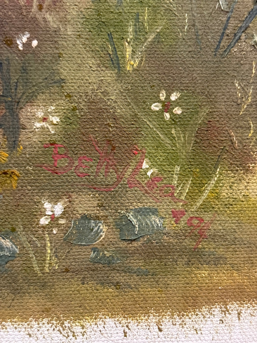 GOLD FRAMED OIL PAINTING OF BUILDING NEXT TO STREAM AT SUNSET