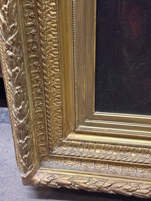 LARGE GILT FRAMED OIL PAINTING OF HOUSE ON MOUNTAIN SCAPE WITH NOBLES RIDING HORSES