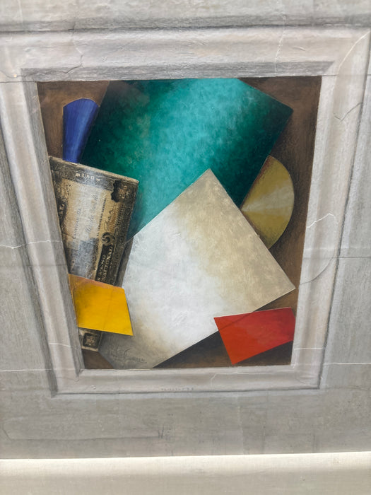MEDIUM SILVER GILT FRAMED PRINT OF COLORFUL ASSORTMENT OF DESK PAPERS