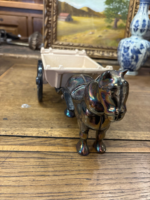 LUSTRE ENAMELED CAST IRON HORSE DRAWN CARTS