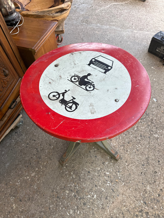 EUROPEAN INDUSTRIAL TABLE W/ ENAMEL ROAD SIGN TOP