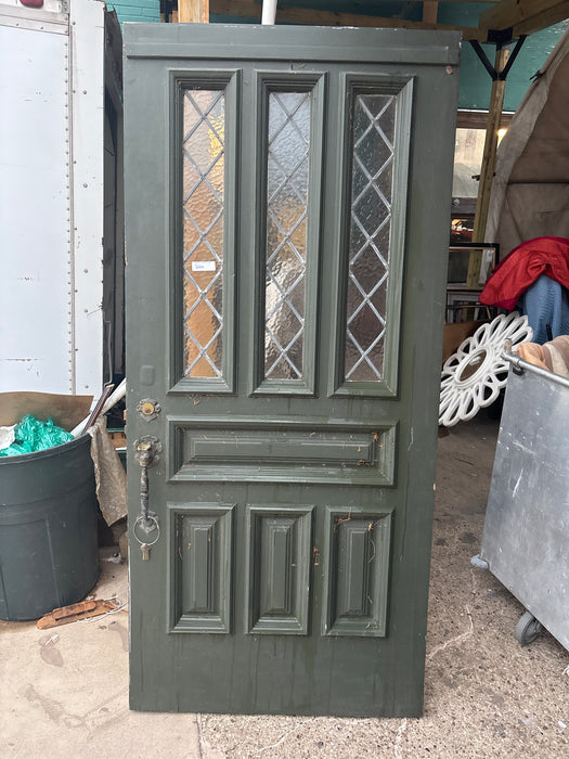 GREEN TUDOR STYLE DOOR WITH WITH LEADED GLASS WINDOWS, HARDWARE AND KEYS