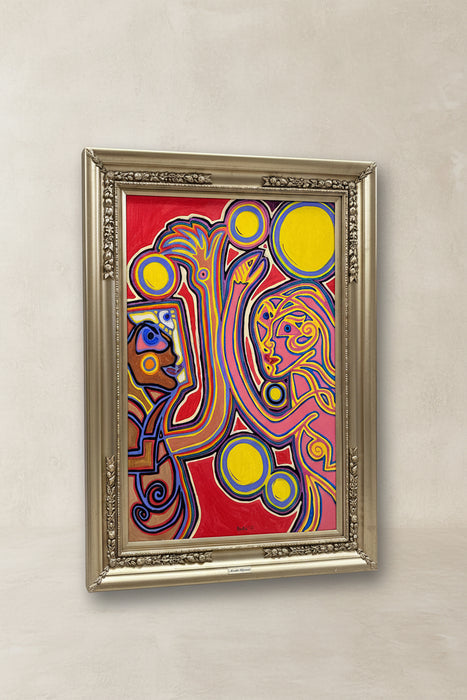 ORNATE GOLD FRAMED PINK AND BROWN MIXED FACES ABSTRACT OIL PAINTING ON CANVAS - SIGNED AMELIA SHIPMAN