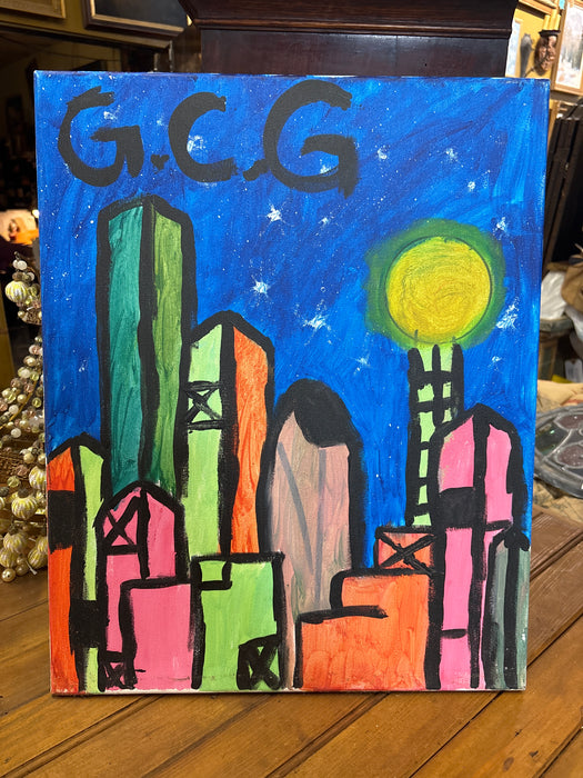 SMALL PAINTED CANVAS OF DALLAS SKYLINE - SIGNED G.C.G