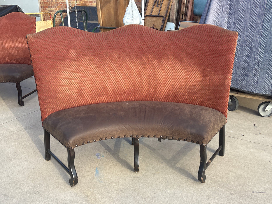 HIGH BACK RED AND BROWN UPHOLSTERED BANQUETTE COUCH 1 EACH OF 2