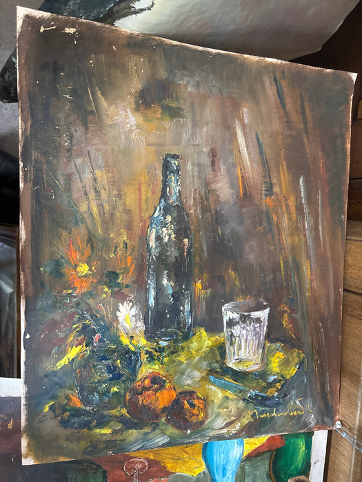 STILL LIFE OIL PAINTING OF TABLE WITH FLOWERS - SIGNED