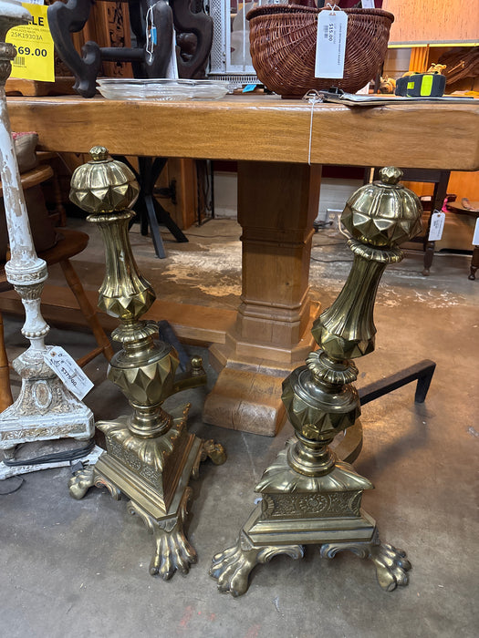 PAIR OF TRI FOOTED BRASS DIAMOND ANDIRONS - AS FOUND