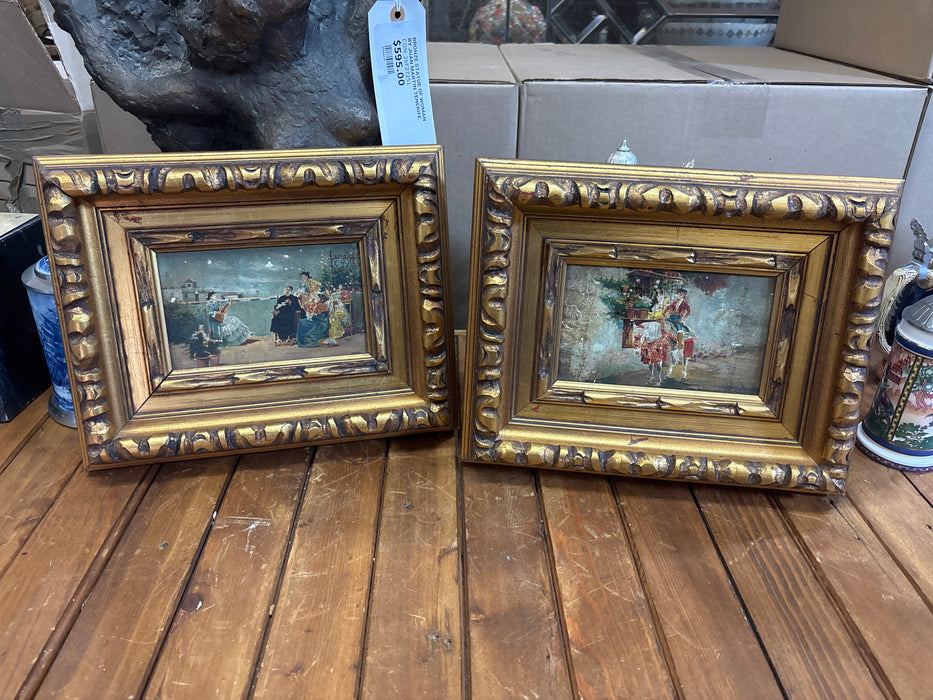 PAIR OF SMALL ORNATE GOLD FRAMED SPANISH OIL PAINTINGS OF PEOPLE - SIGNED