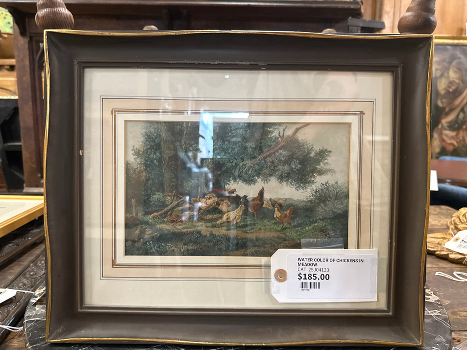 WATER COLOR OF CHICKENS IN MEADOW