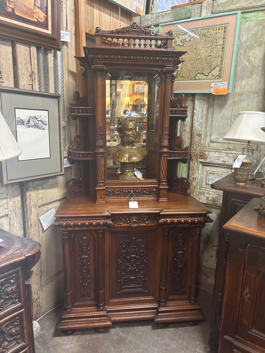 LATE 19TH CENTURY FRENCH WALNUT GOTHIC REVIVAL CARVED CORNER CABINET WITH CURIO - SIGNED V. AIMONE.96