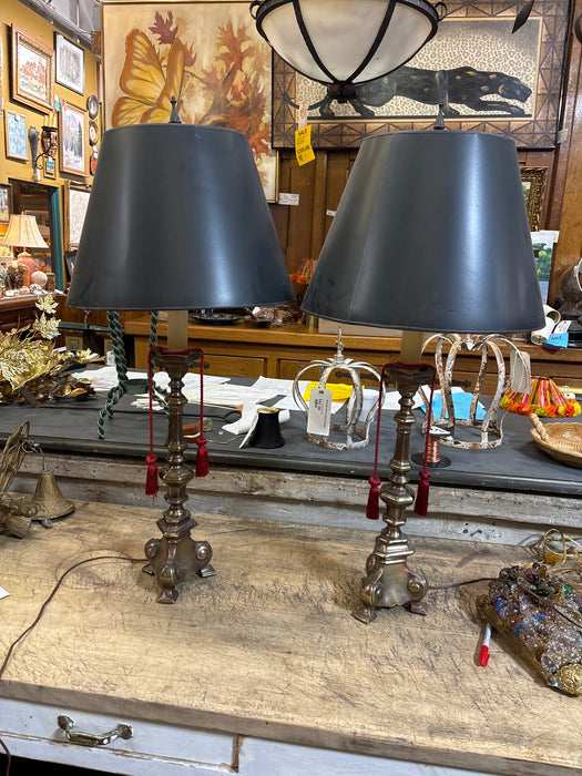 PAIR OF BRASS TABLE LAMPS WITH BLACK SHADES