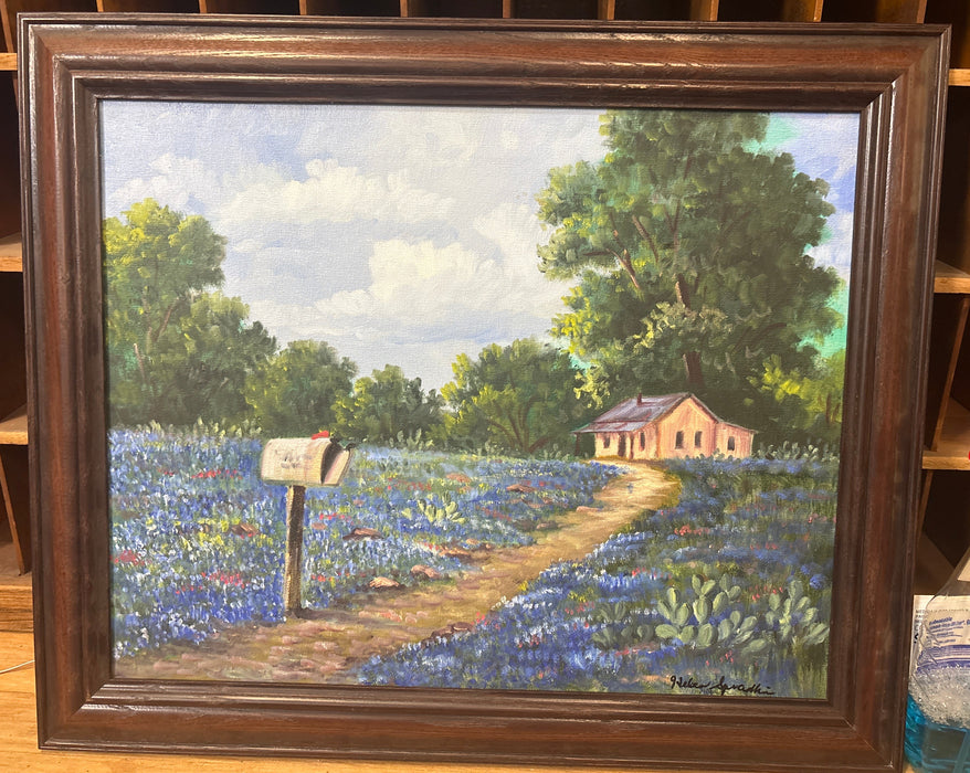 MEDIUM WOOD FRAMED BLUE BONNET OIL PAINTING WITH MAIL BOX AND HOUSE - SIGNED HELEN S.