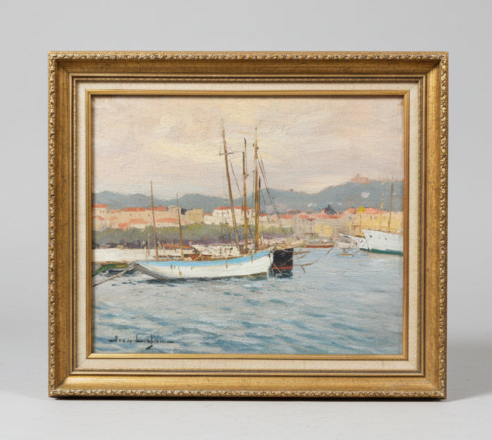 SMALL GILT FRAMED HARBOR SCENE OIL PAINTING JEAN LEFON 1866-1973 FRENCH