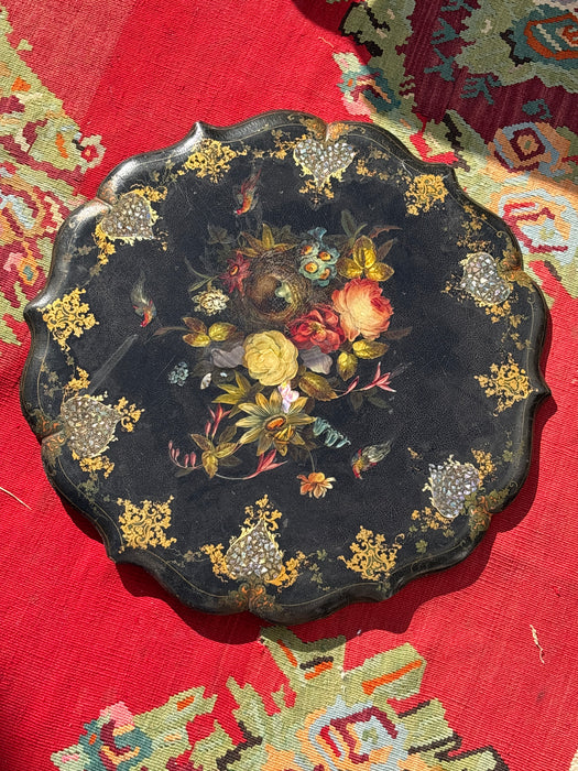 AS FOUND PAPIER MACHE TABLE TOP WITH FLORAL BIRDS
