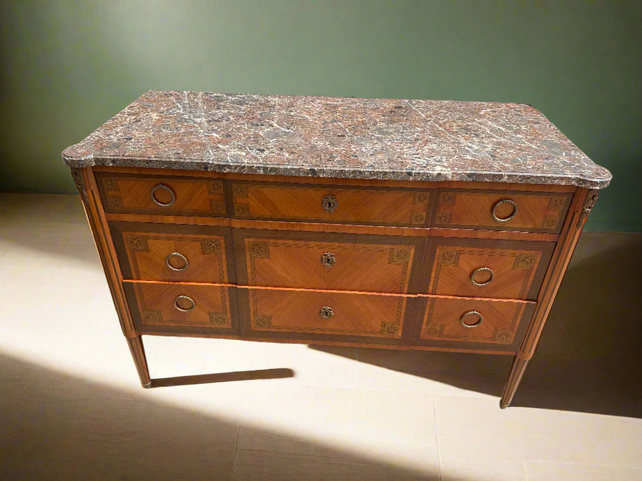 LOUIS XVI PUDDY MARBLE TOP WIDE CHEST WITH DRAWERS WITH BANDING AND PULLOUT DESK
