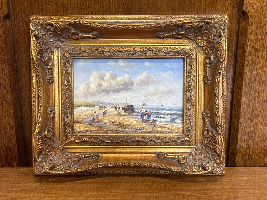 TINY 18TH CENTURY HARBOR SCENE OIL PAINTING