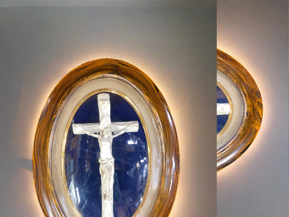 CRUCIFIX UNDER OVAL CONVEX GLASS FAUX GRAINED  FRAME