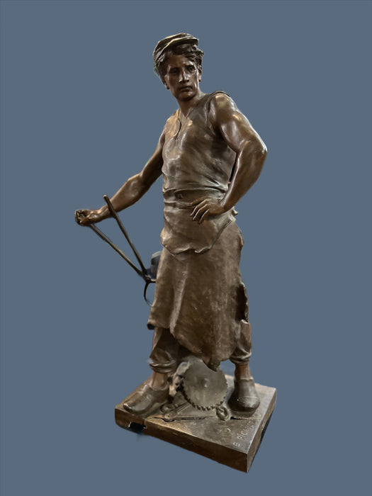 LARGE SPELTER BLACK SMITH STATUE AS FOUND