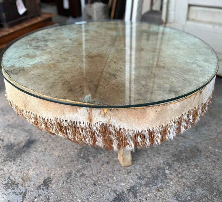 AFRICAN DRUM GLASS TOP COFFEE TABLE