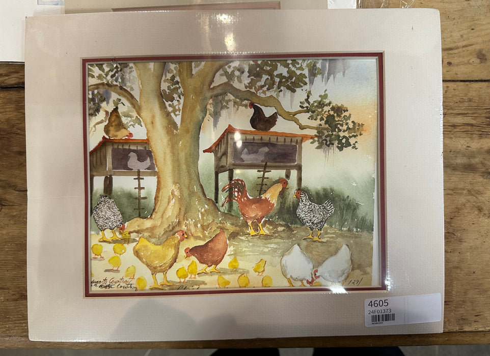 UNFRAMED WATERCOLOR PRINT OF CHICKENS