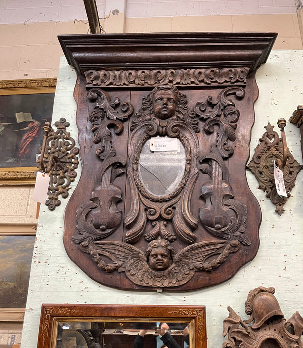 LARGE VERY ORNATE CARVED FRENCH OAK MIRROR WITH CHERUBUM, VIOLINS AND FESTOONS