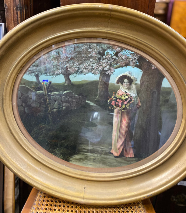 GOLD FRAMED OVAL PRINT OF A LADY WITH FLOWERS “SWEET BLOSSOMS ”