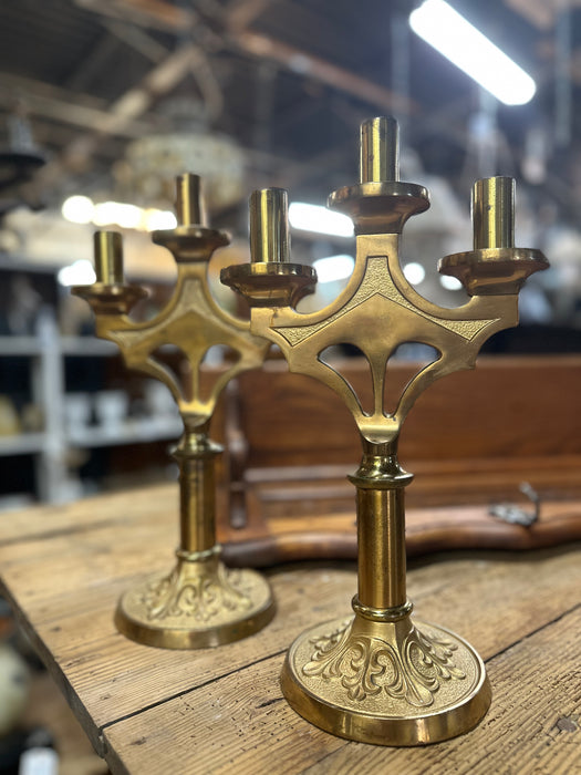 PAIR HEAVY BRASS ECCLESIASTICAL CANDELABRA