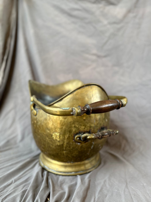 BRASS COAL HOD WITH WOOD HANDLE