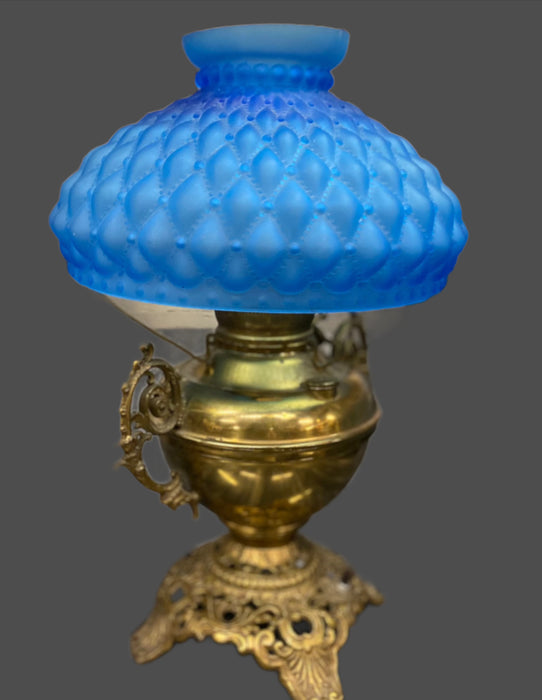 BRASS ELECTRIFIED HURRICANE LAMP WITH BLUE GRASS SHADE