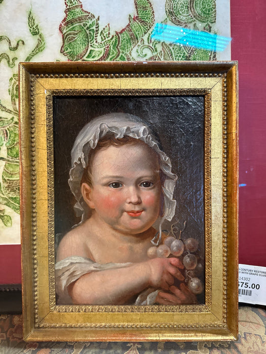 18TH CENTURY RESTORED PAINTING OF CHILD WITH GRAPE CLUSTER IN GILT FRAME