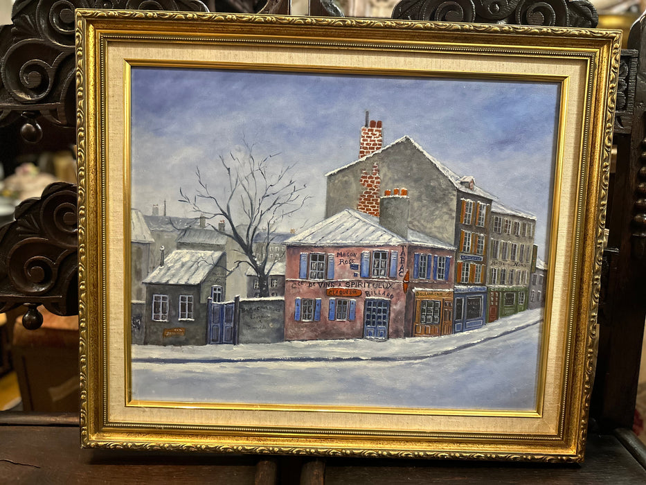 FRAMED OIL PAINTING OF A TOWN ON CANVAS