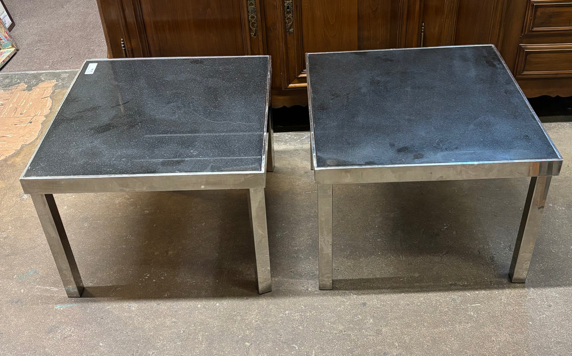 PAIR OF CHROME MARBLE TOP TABLES