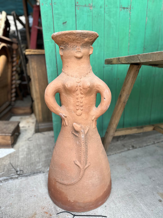 TALL TERRA COTTA PLANTER WITH LADY AND LIZARD