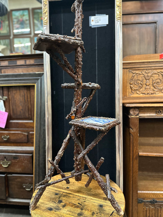 FOLK ART TWIG WITH DELFT TILE PLANT STAND