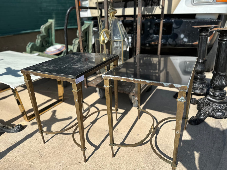 TAPERED LEG BRASS SIDE TABLE PAIR WITH BLACK GRANITE TOPS