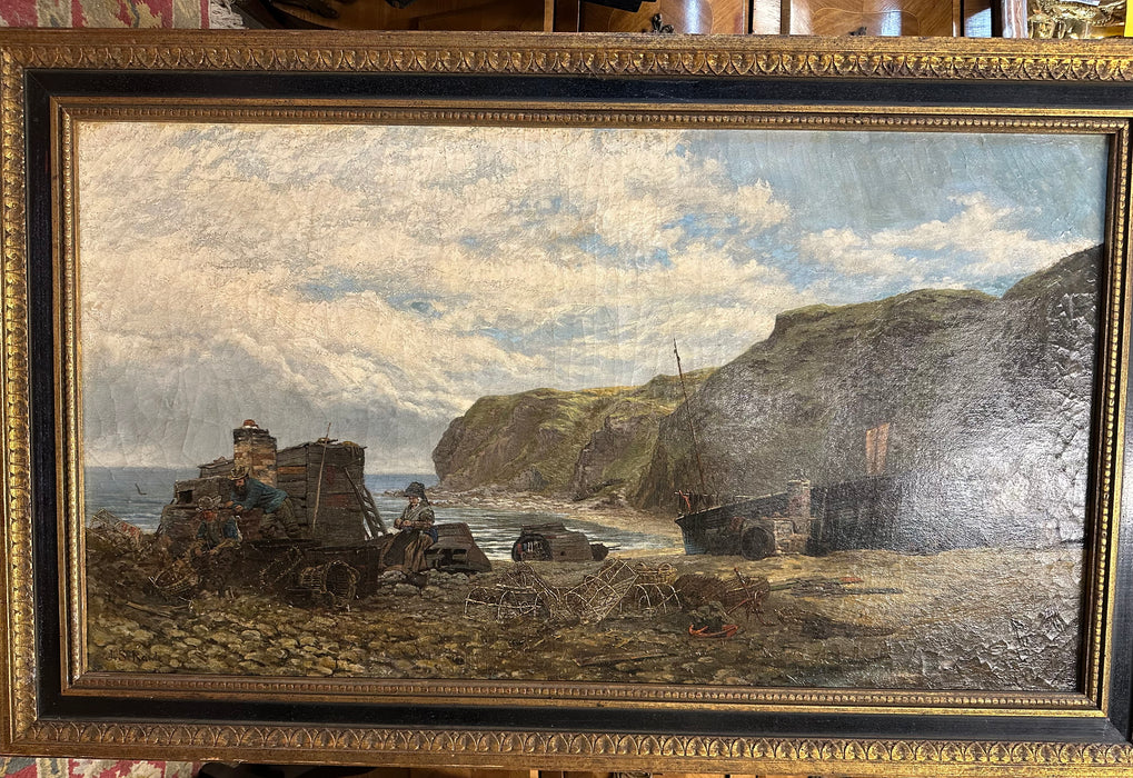 19TH CENTURY OIL PAINTING ON CANVAS OF A COASTAL SCENE WITH FISHERMEN BY JS RAWL