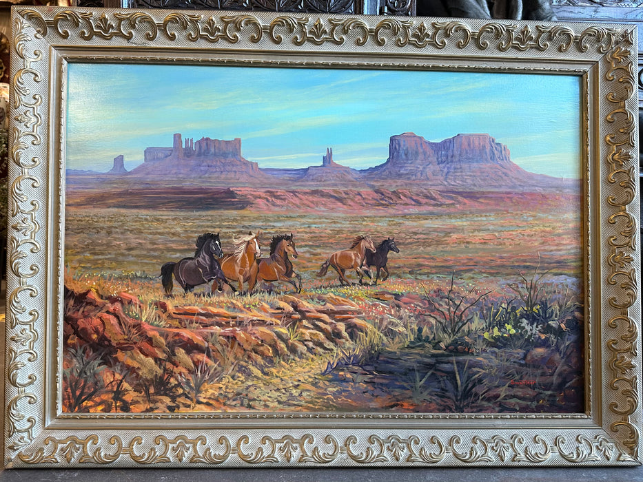 MONUMENT VALLEY WITH WILD HORSES OIL PAINTING BY DAVID SWATNER  MAY BE A GICLEE