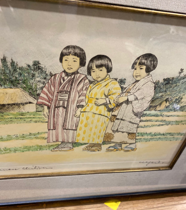 SIGNED LITHOGRAPH WITH 3 JAPANESE CHILDREN