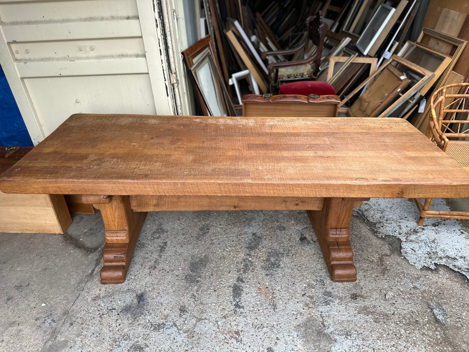 THICK ROUGH HEWN HEAVY OAK TRESTLE TABLE