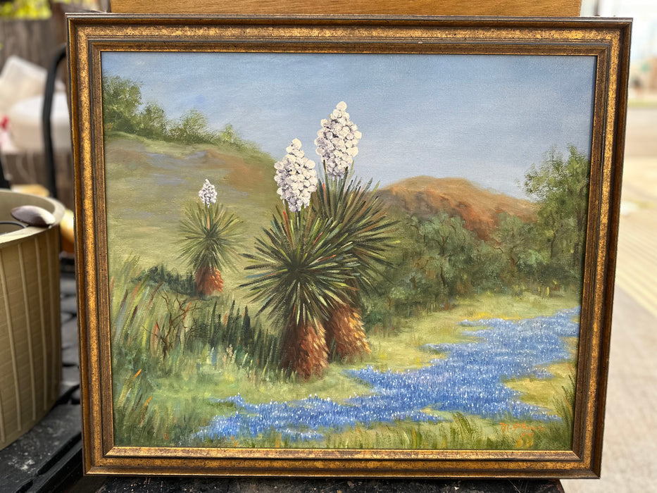 FRAMED OIL PAINTING OF YUCCA AND BLUEBONNET