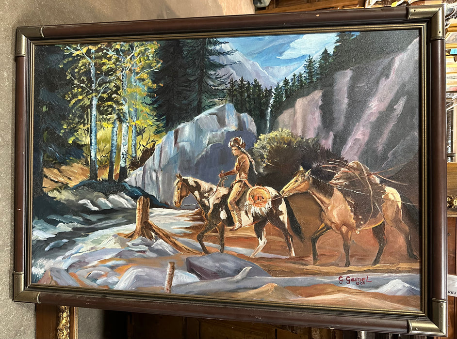 OIL PAINTING OF INDIAN ON HORSEBACK BY G. GAMEL