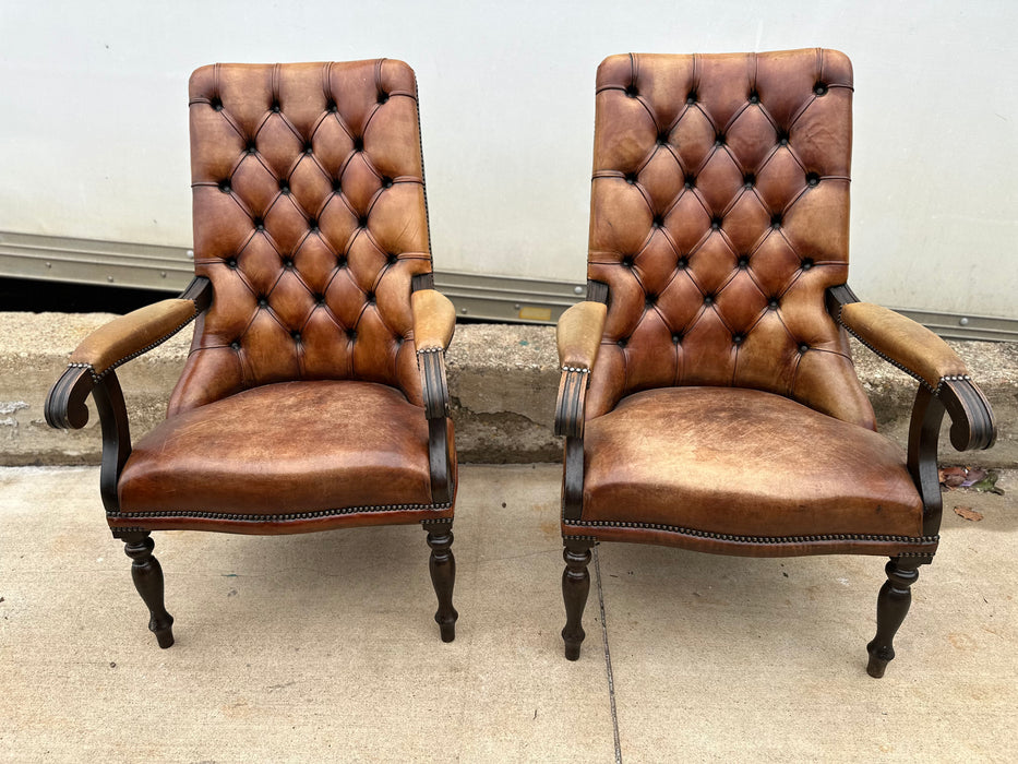 PAIR UNUSUAL TUFTED HIGH BUCK LEATHER CHAIRS
