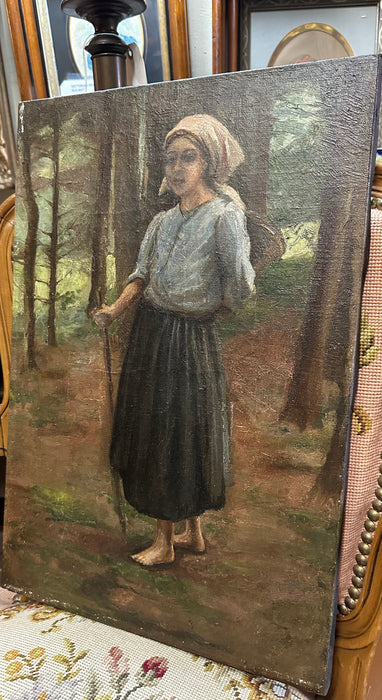 UNFRAMED OIL PAINTING OF WOMAN BAREFOOT IN FOREST