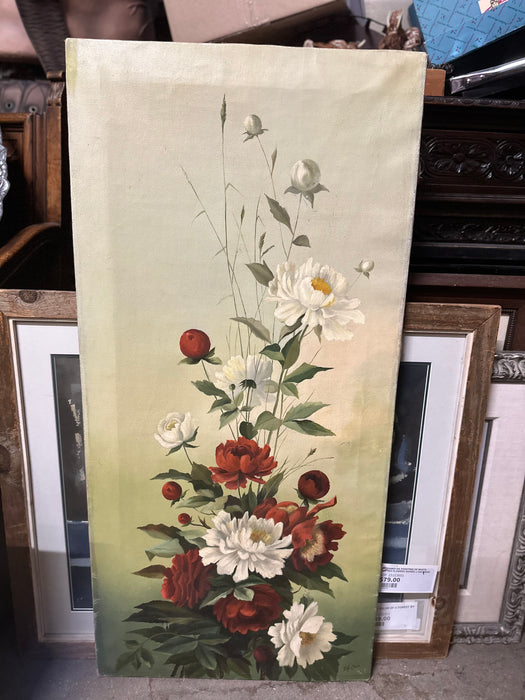 UNFRAMED OIL PAINTING OF WHITE AND RED FLOWERS SIGNED J HAITMAN