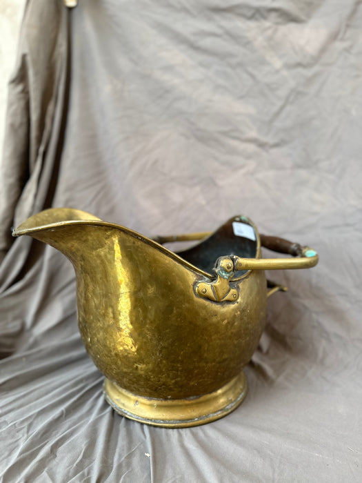 BRASS COAL HOD WITH WOOD HANDLE