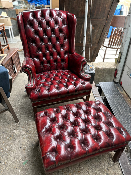 RED CHESTERFIELD CHAIR AND OTTOMAN