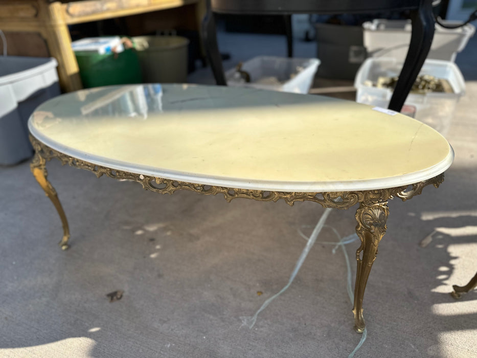 LOUIS XV OVAL MARBLE TOP BRASS LEG COFFEE TABLE