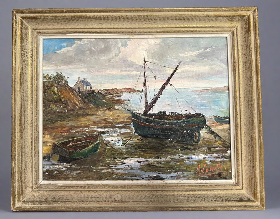 SEASIDE OIL PAINTING WITH SAILBOAT