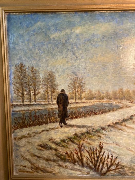 WINTER RIVER SCENE OIL PAINTING WITH MAN